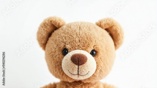 Teddy Bear Plush Close-Up Normal: Teddy Bear Plush Close-Up: A minimalistic composition featuring the top half of a simple, brown plush teddy bear’s face, with soft, rounded ears and a stitched nose
