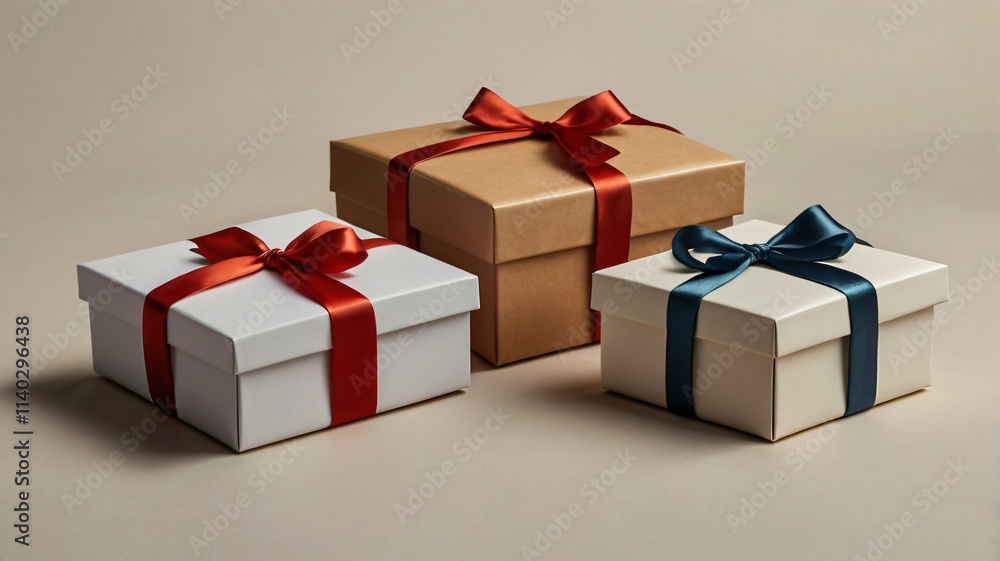 Three beautifully wrapped gift boxes in white, brown, and cream with vibrant ribbons sit on a smooth, neutral background, ready for a special event or celebration. Three beautifully wrapped gift boxes in white, brown, and cream with vibrant ribbons sit on a smooth, neutral background, ready for a special event or celebration.