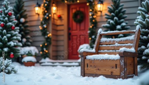 Festively decorated front porch with wreath and flowers covered in snow