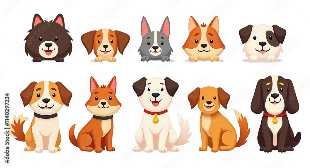 Obraz premium Cute Cartoon Dog Collection with Diverse Breeds in a Playful Illustration Style â€“ Perfect for Kidsâ€™ Projects and Pet-Themed Designs