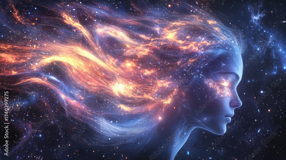 Fototapeta premium Cosmic Consciousness: A Woman's Profile Emerging from a Starry Sky