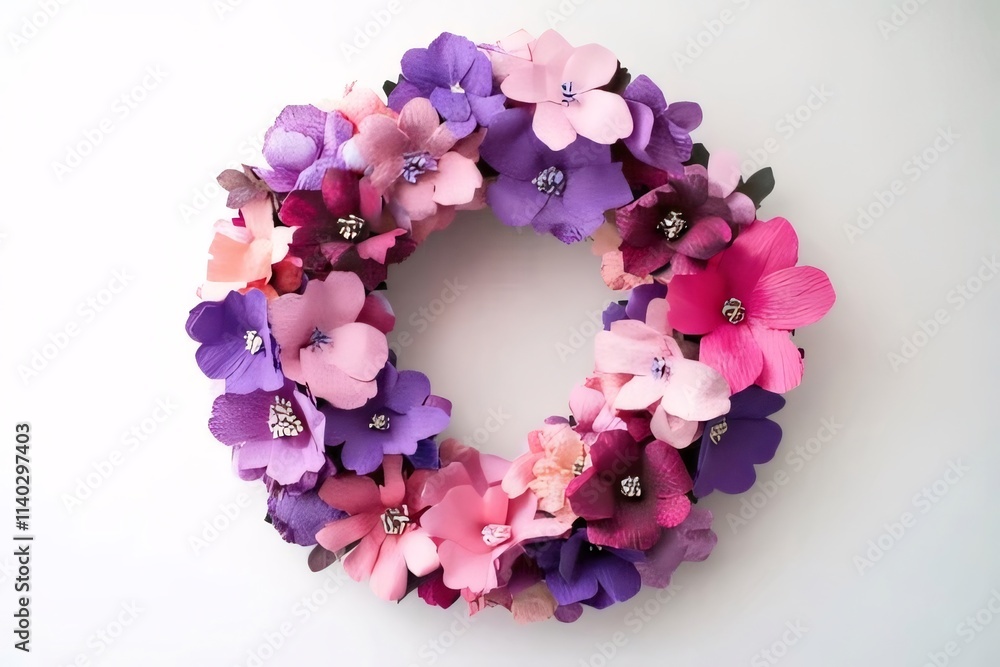 Colorful paper flower wreath on white background. Colorful paper flower wreath on white background.