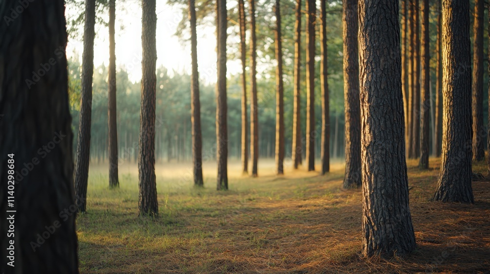 Fototapeta premium Mindfulness calmness and introspection in a tranquil forest landscape morning light nature's embrace