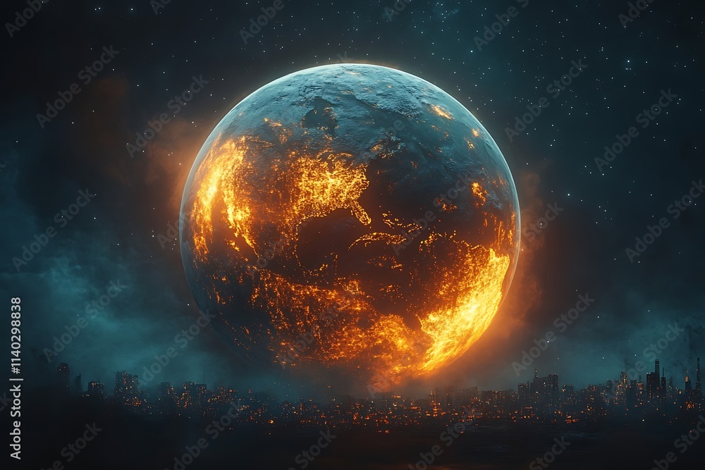 Obraz premium Fiery Planet Over Glowing Cityscape Digital Art