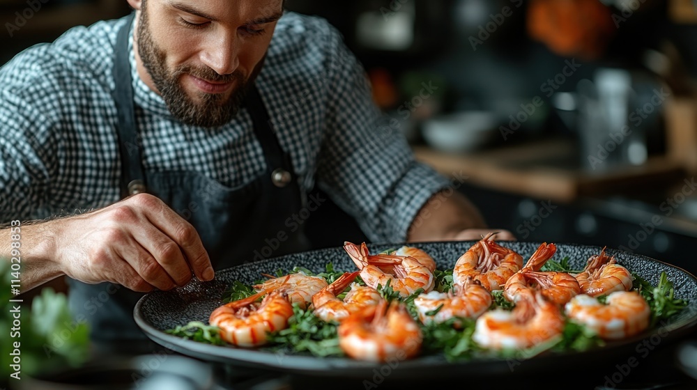 Man seasoning delicious prawns on a platter. Man seasoning delicious prawns on a platter.