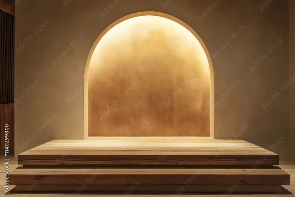 Illuminated arched niche with wooden platform. Illuminated arched niche with wooden platform.