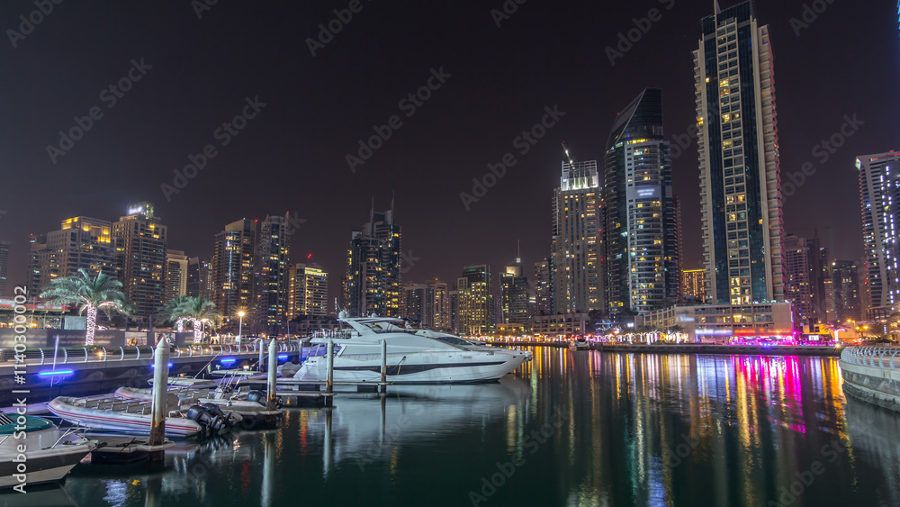 Dubai marina bay with yachts an boats night timelapse hyperlapse Dubai marina bay with yachts an boats night timelapse hyperlapse