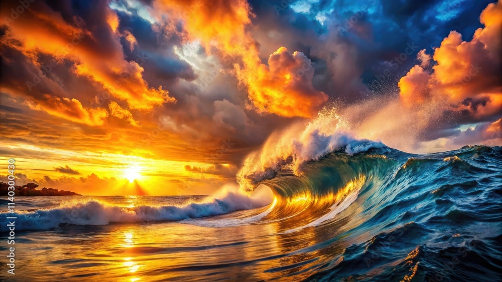 Obraz premium Big waves crash in a dramatic coastal sunset; high-resolution seascape photography captures the epic view.