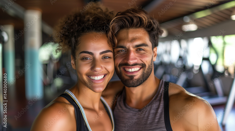 Smiling couple posing in gym.