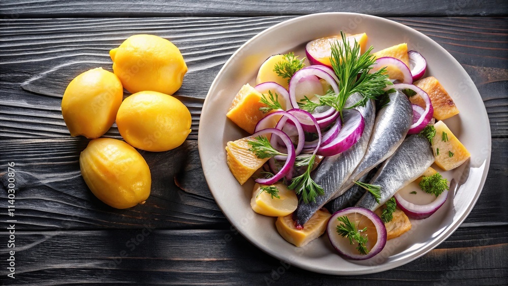 silhouette of herring and potatoes with red onions on a plate silhouette of herring and potatoes with red onions on a plate