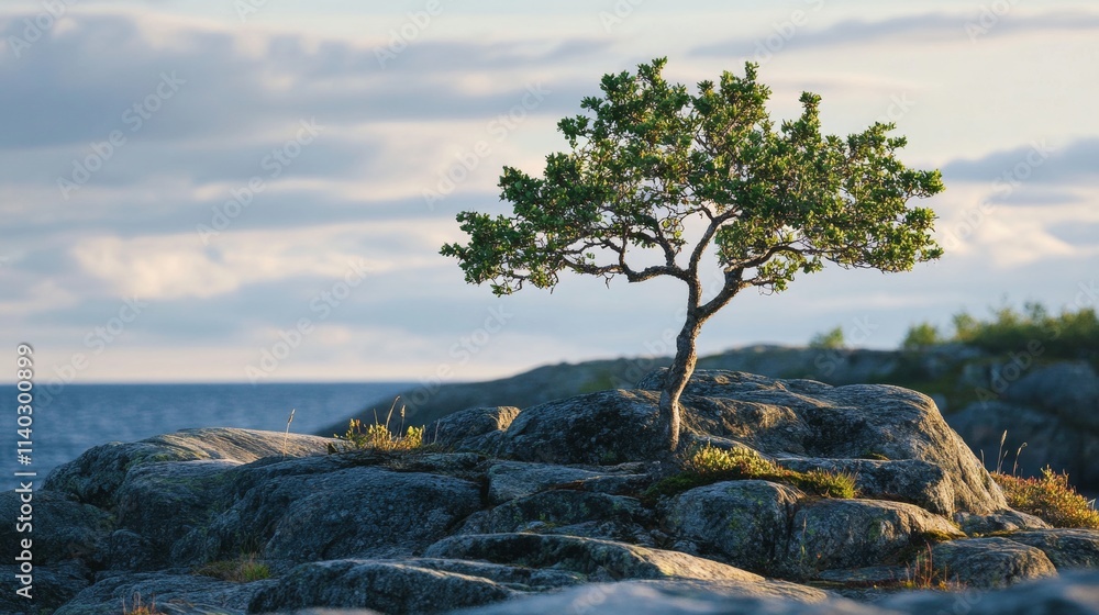 Majestic northern landscape resilient tree thrives among rugged rocks and serene sea Majestic northern landscape resilient tree thrives among rugged rocks and serene sea