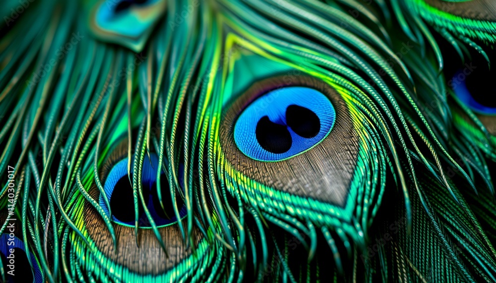 Naklejka premium Macro shot of vivid peacock feathers with detailed eye pattern and iridescent colors, nature photograph PC, laptop wallpaper