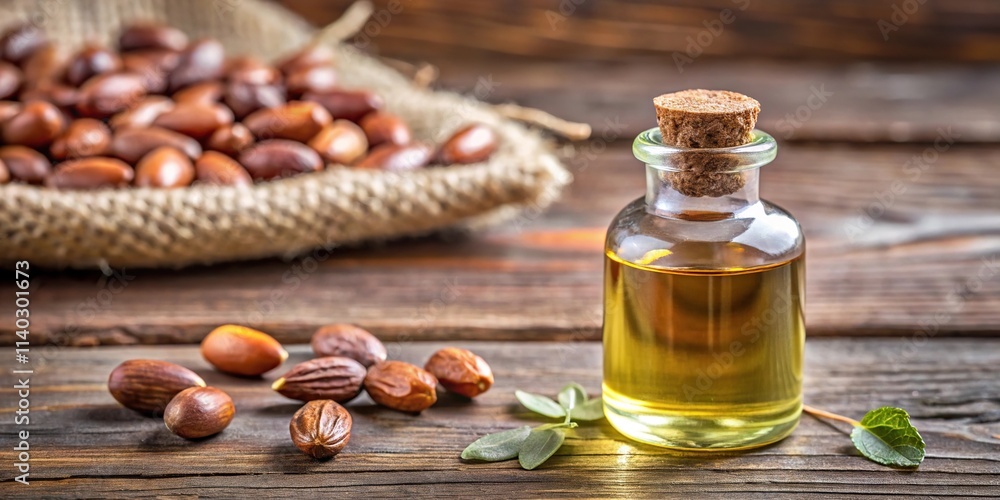 Silhouette of jojoba seeds and small corked bottle filled with jojoba oil Silhouette of jojoba seeds and small corked bottle filled with jojoba oil