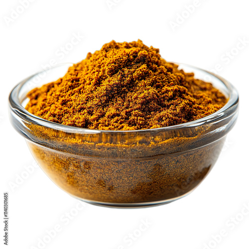 Extreme front view of a ras el hanout in a small glass bowl isolated on a white transparent background photo