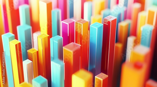 Vibrant geometric cityscape in diverse colors.