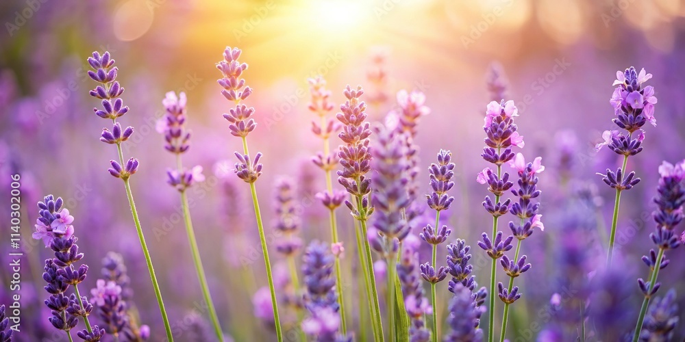 Naklejka premium Silhouette of lavender flowers at sunlight in soft focus pastel colors and blur background