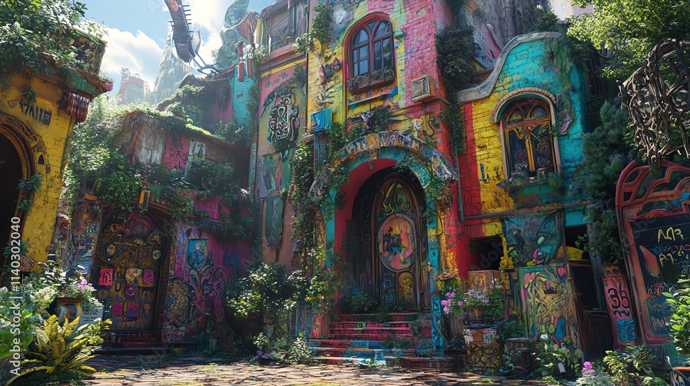 Fototapeta premium Colorful, vibrant architecture with lush greenery.