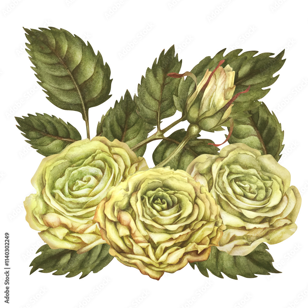 Obraz premium Floral bouquet of three yellow roses with buds, green leaves, isolated on a white background. Watercolor botanical illustration template for wedding, birthday, Valentine's day, poster, card, stickers