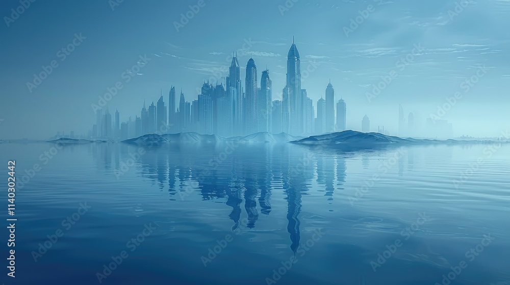 Fototapeta premium A serene, blue-toned city skyline reflected in calm waters, evoking a futuristic atmosphere.