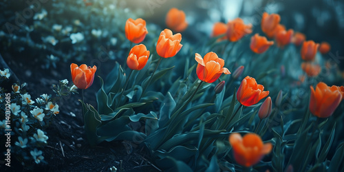 Orange tulips growing in the garden.  photo