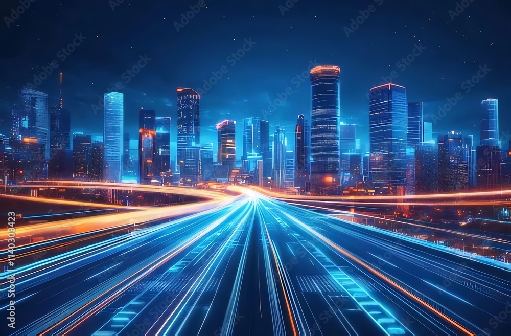 Futuristic city nightscape with glowing roads. Futuristic city nightscape with glowing roads.