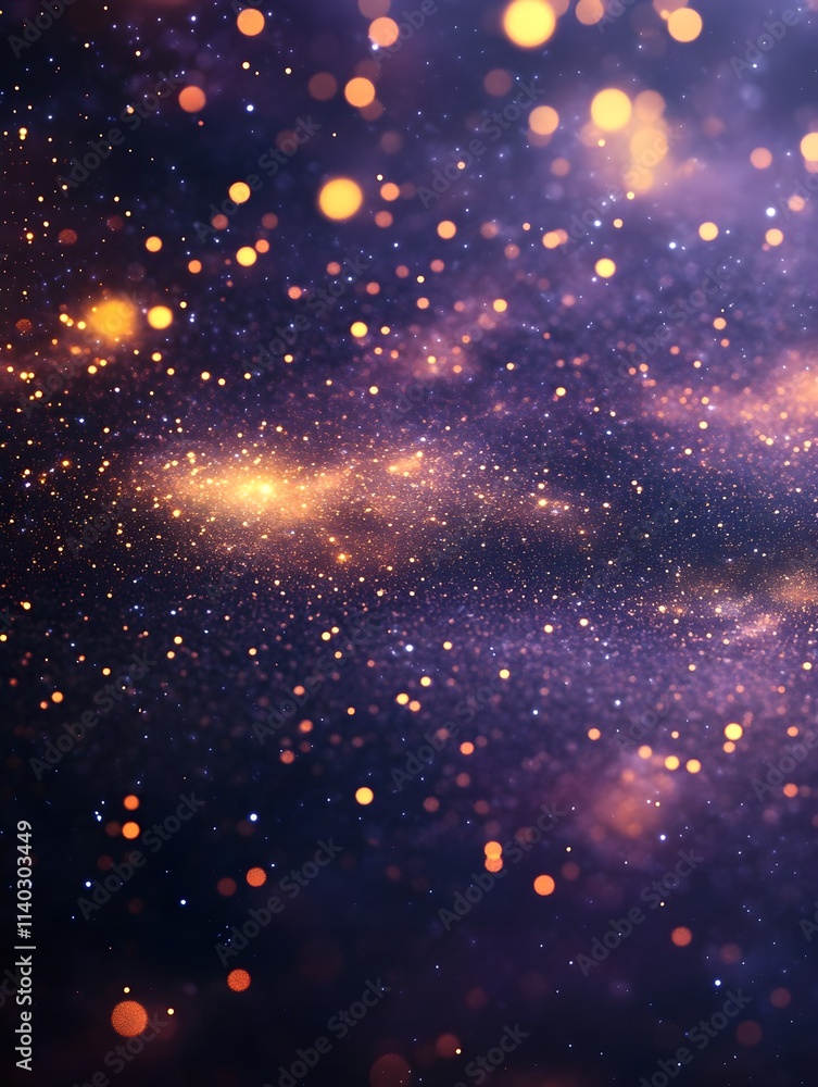 Obraz premium A background featuring tiny golden stars scattered across a deep purple gradient, evoking a magical night. 