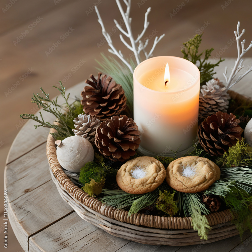 A serene and inviting Christmas candle decoration featuring a white candle surrounded by an arrangement of natural elements, including delicate twigs, fragrant pine cones, and a few freshly baked cook A serene and inviting Christmas candle decoration featuring a white candle surrounded by an arrangement of natural elements, including delicate twigs, fragrant pine cones, and a few freshly baked cook