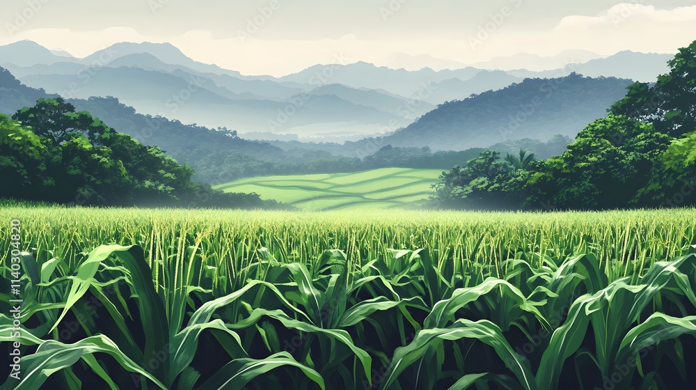 A photograph of an endless sugarcane field in the Hawaiian Islands, with mountains and palm trees visible in the background A photograph of an endless sugarcane field in the Hawaiian Islands, with mountains and palm trees visible in the background