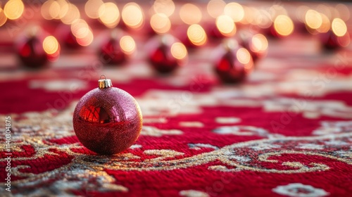 Shiny baubles, candy canes, and pine cones arranged on a festive table, creating a warm holiday atmosphere
Red and gold ornaments scattered on a white background, capturing the elegance of Christmas d photo