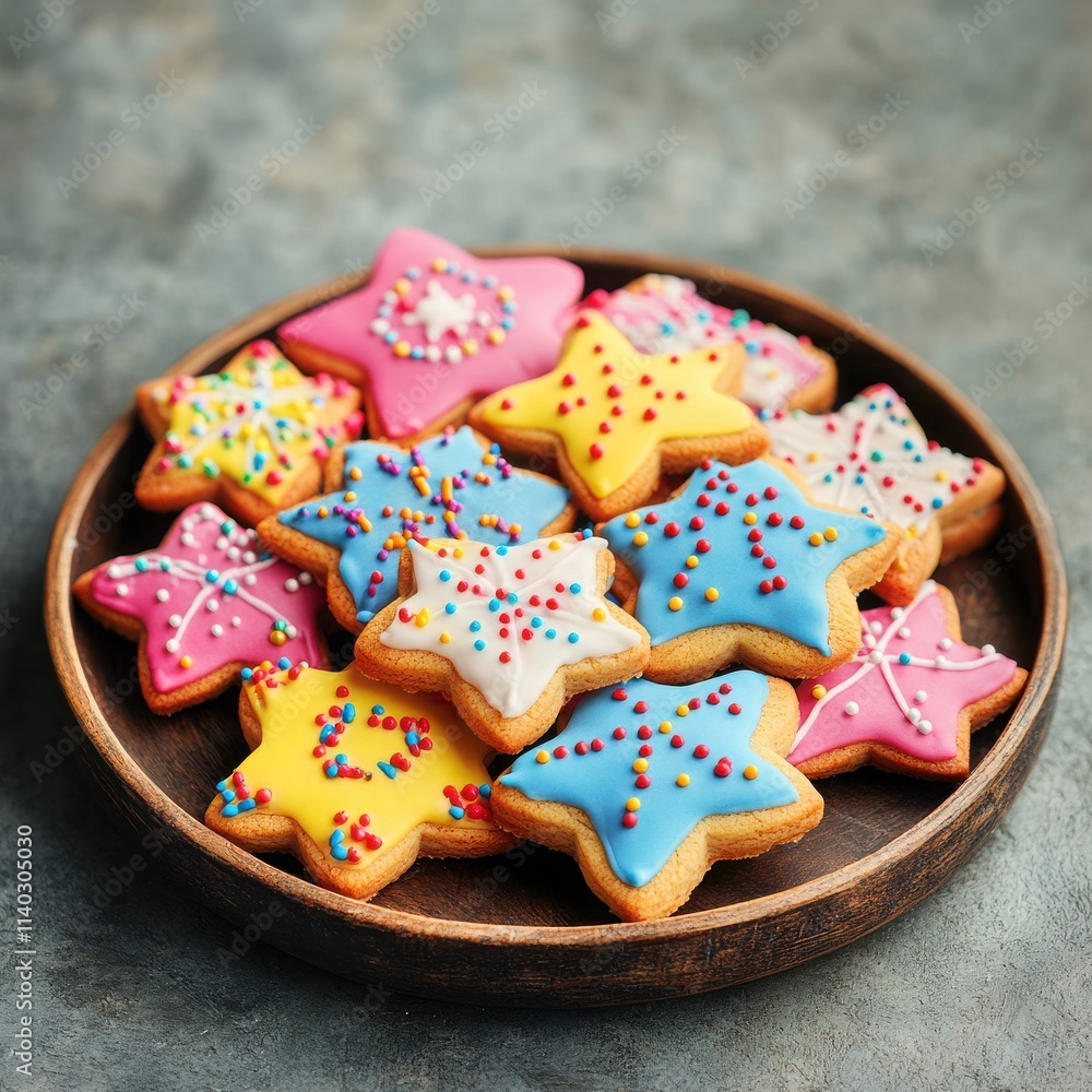 Colorful star-shaped cookies with icing and sprinkles, arranged in a wooden bowl, perfect for celebrations and parties. Colorful star-shaped cookies with icing and sprinkles, arranged in a wooden bowl, perfect for celebrations and parties.