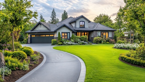 Luxurious house with landscaped yard and driveway.