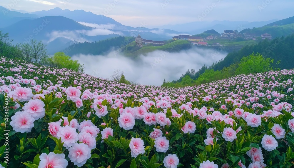 Fototapeta premium AI generator images of pink flower field that is in full bloom on the mountain There is beautiful morning mist, a field of carnations