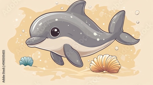 A cute cartoon dolphin is swimming in the ocean. photo