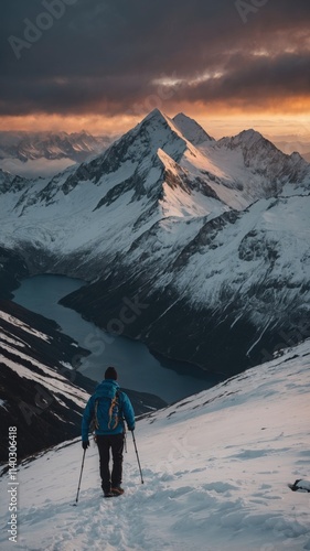 A male climber stands on the top of a mountain and looks at the yet unconquered peaks. photo