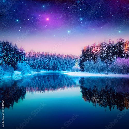 Neon Art Polarlights in the Mountains Winter Landscape photo