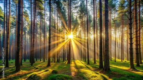 Silhouette of sunlight beams filtering through a large European pine forest