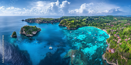 Panorama of a coast as a background from top view. Turquoise water background from top view. Summer seascape from air. Nusa Penida island, Indonesia. Travel - image photo