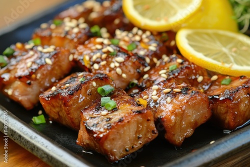 Grilled pork at Korean BBQ served with sauce and lemon