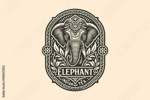  Vintage black Indian elephant emblem, monochrome vector design