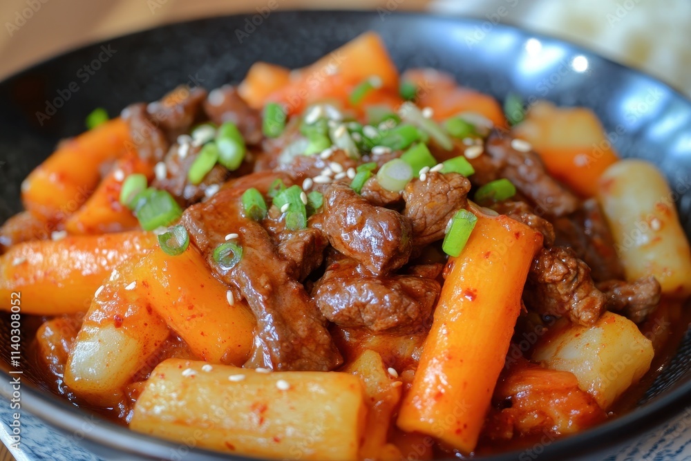 Gungjungtteokbokki Royal Korean dish of stir fried cylindrical rice cakes with beef shiitake mushrooms onion and carrots Gungjungtteokbokki Royal Korean dish of stir fried cylindrical rice cakes with beef shiitake mushrooms onion and carrots