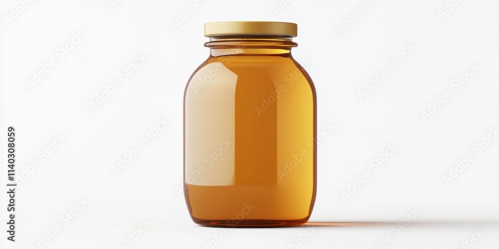 A jar of golden liquid, likely honey, with a simple lid design. A jar of golden liquid, likely honey, with a simple lid design.
