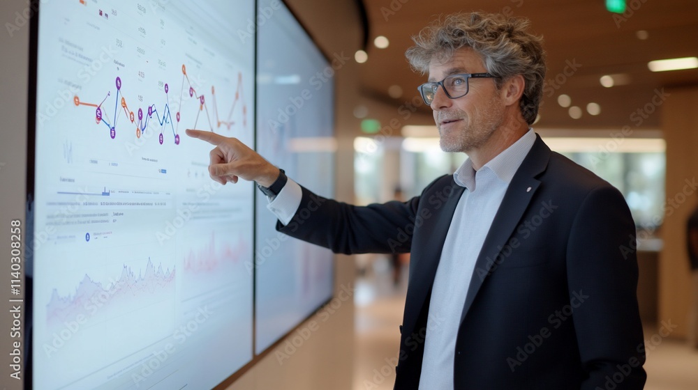 Professional discussing data on a large screen in a modern office. Professional discussing data on a large screen in a modern office.