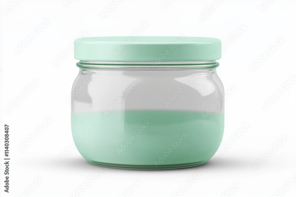 A glass jar with a mint-colored lid and a light mint-colored substance inside. A glass jar with a mint-colored lid and a light mint-colored substance inside.