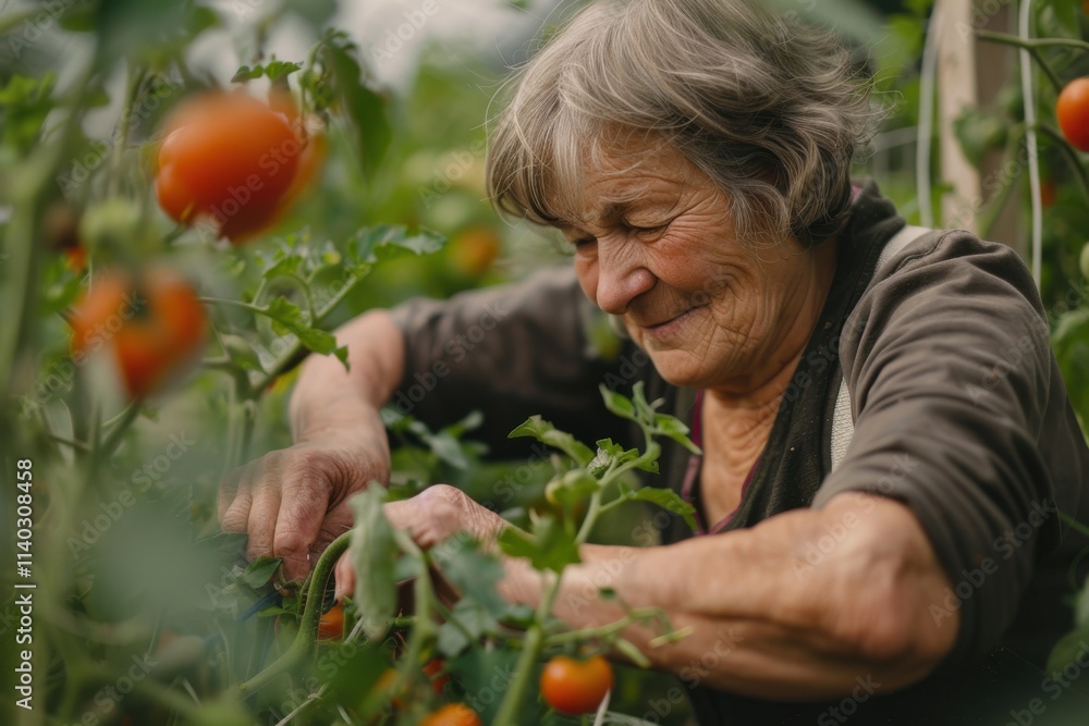 Fototapeta premium Senior woman harvesting ripe tomatoes in a lush green garden, enjoying her gardening hobby