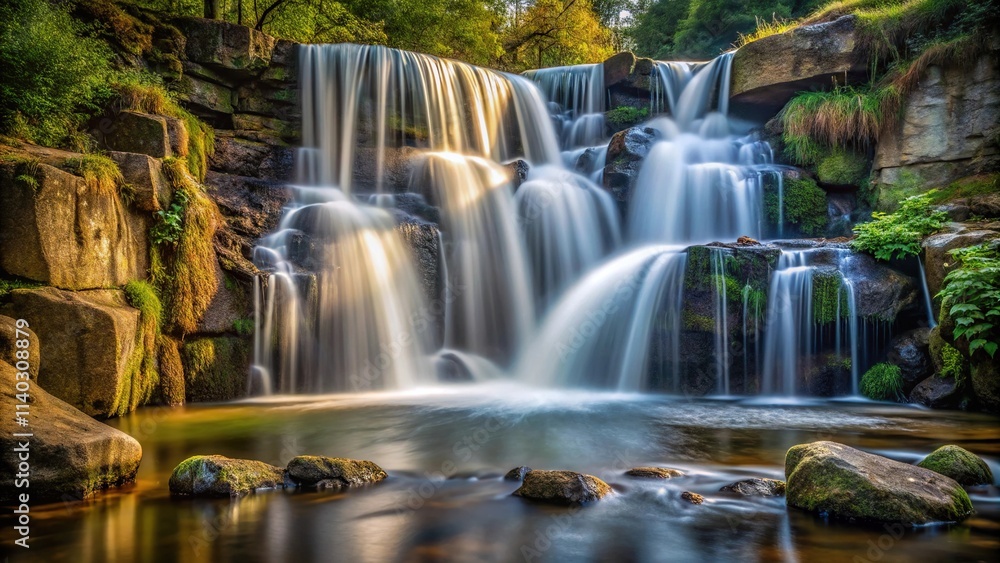 Silhouette of water flowing over rocks in a small river waterfall with a silk effect due to long exposure Silhouette of water flowing over rocks in a small river waterfall with a silk effect due to long exposure