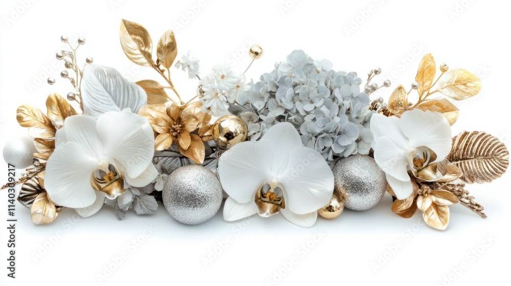 A chic arrangement of hydrangeas and orchids with gold and silver embellishments, perfect for New Year celebrations, isolated on white A chic arrangement of hydrangeas and orchids with gold and silver embellishments, perfect for New Year celebrations, isolated on white