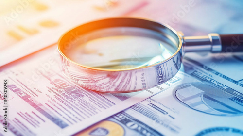 Close-up of magnifying glass examining stack of financial documents, symbolizing bank supervision and regulatory oversight, professional financial audit concept.