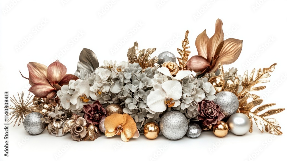 Obraz premium A chic arrangement of hydrangeas and orchids with gold and silver embellishments, perfect for New Year celebrations, isolated on white