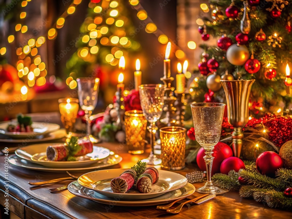 Christmas Table Setting Top View Night Photography - Festive Dinnerware, Silverware, Decorations Christmas Table Setting Top View Night Photography - Festive Dinnerware, Silverware, Decorations