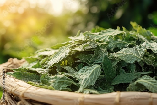 Gynostemma pentaphyllum or jiaogulan leaves fresh and dried against a natural backdrop photo